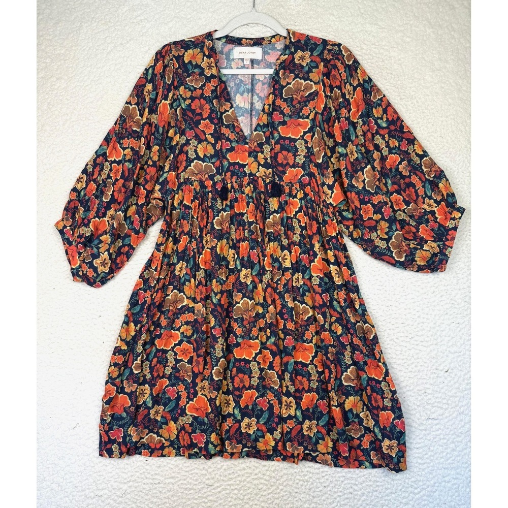 Dear‎ John Dress Womens Small Floral Midi Swing 3/4 Sleeve Tassel V Neck Cottage